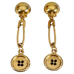 Vintage MOSCHINO Button Safety Pin Novelty Dangling Earrings