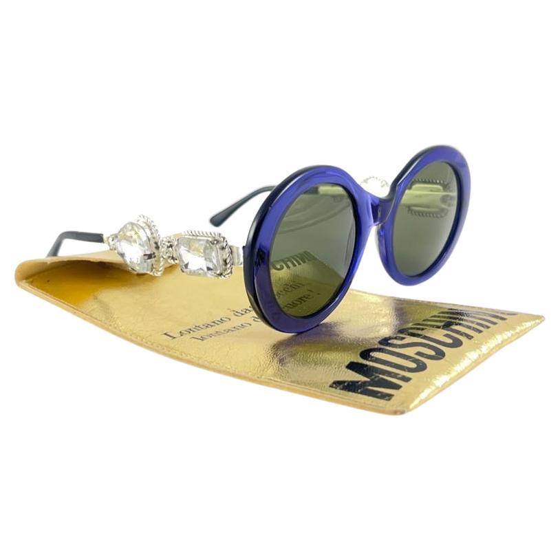 Vintage Moschino By Persol M253 Vintage Blue Jewelled Lady Gaga Sunglasses 1990  For Sale