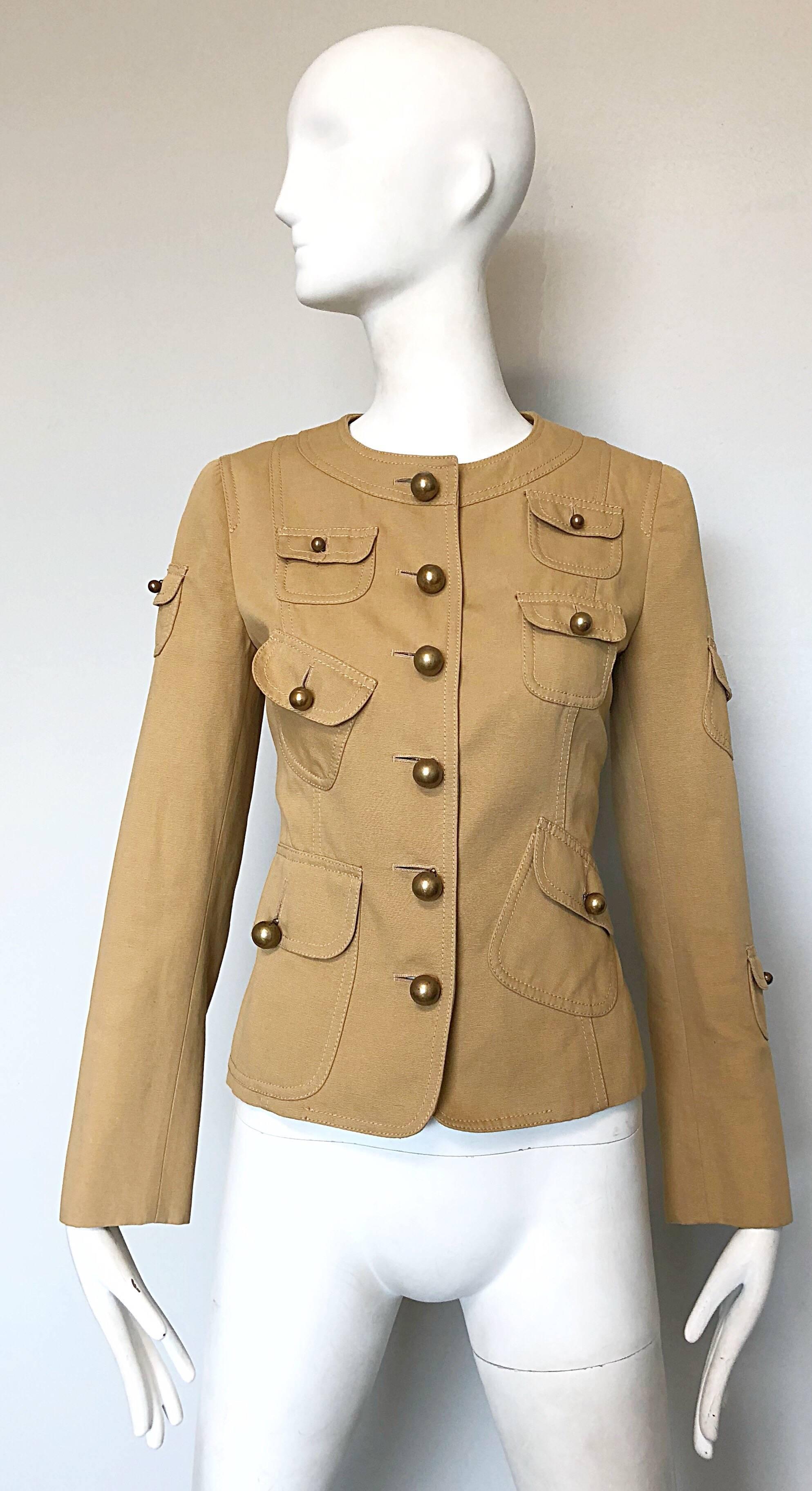Stylish vintage 90s MOSCHINO CHEAP AND CHIC khaki cotton safari military inspired jacket! Features large round brass buttons up the front, and on each cargo pocket. Asymmetrically placed cargo pockets throughout, including on the front and on each