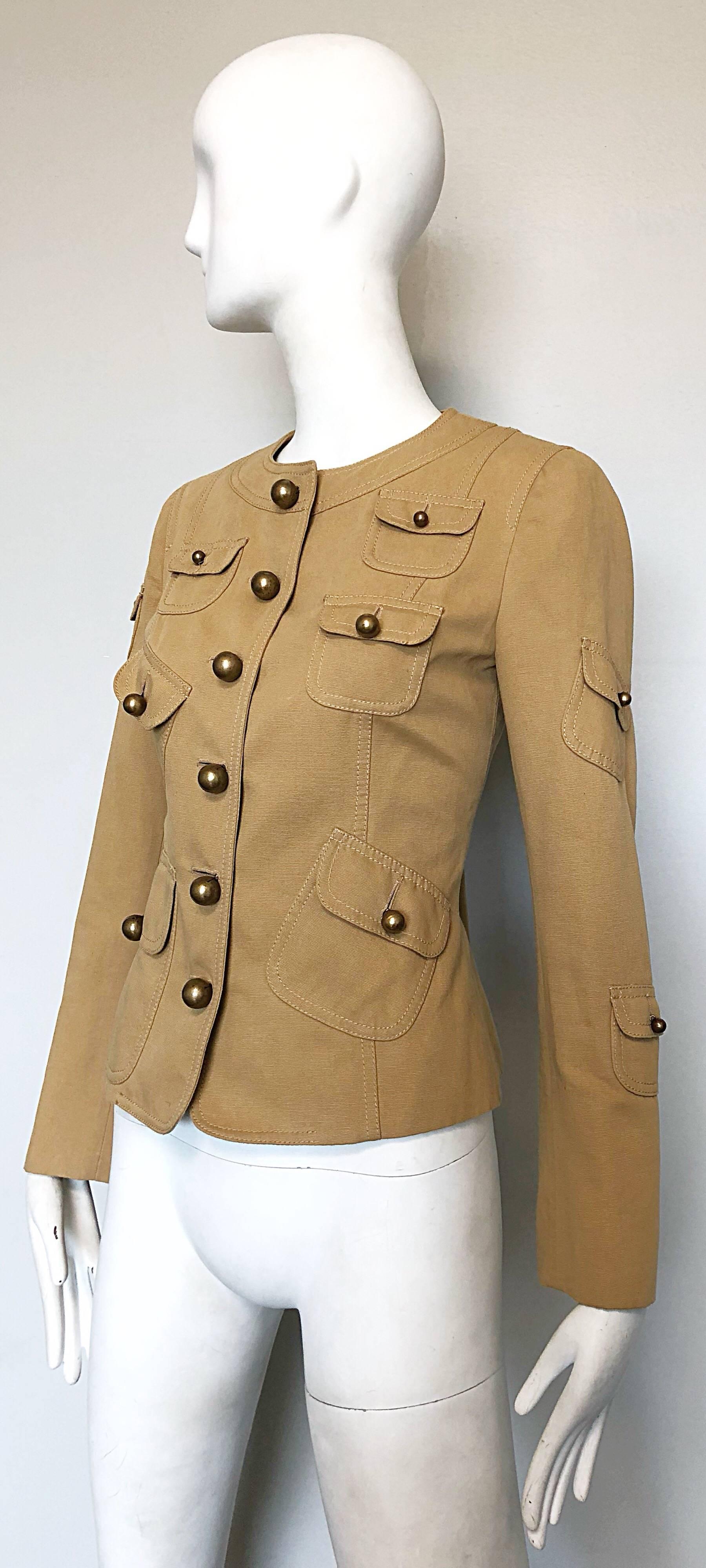 Brown Vintage Moschino Cheap & Chic 1990s Size 6 Khaki Cotton Military Inspired Jacket For Sale