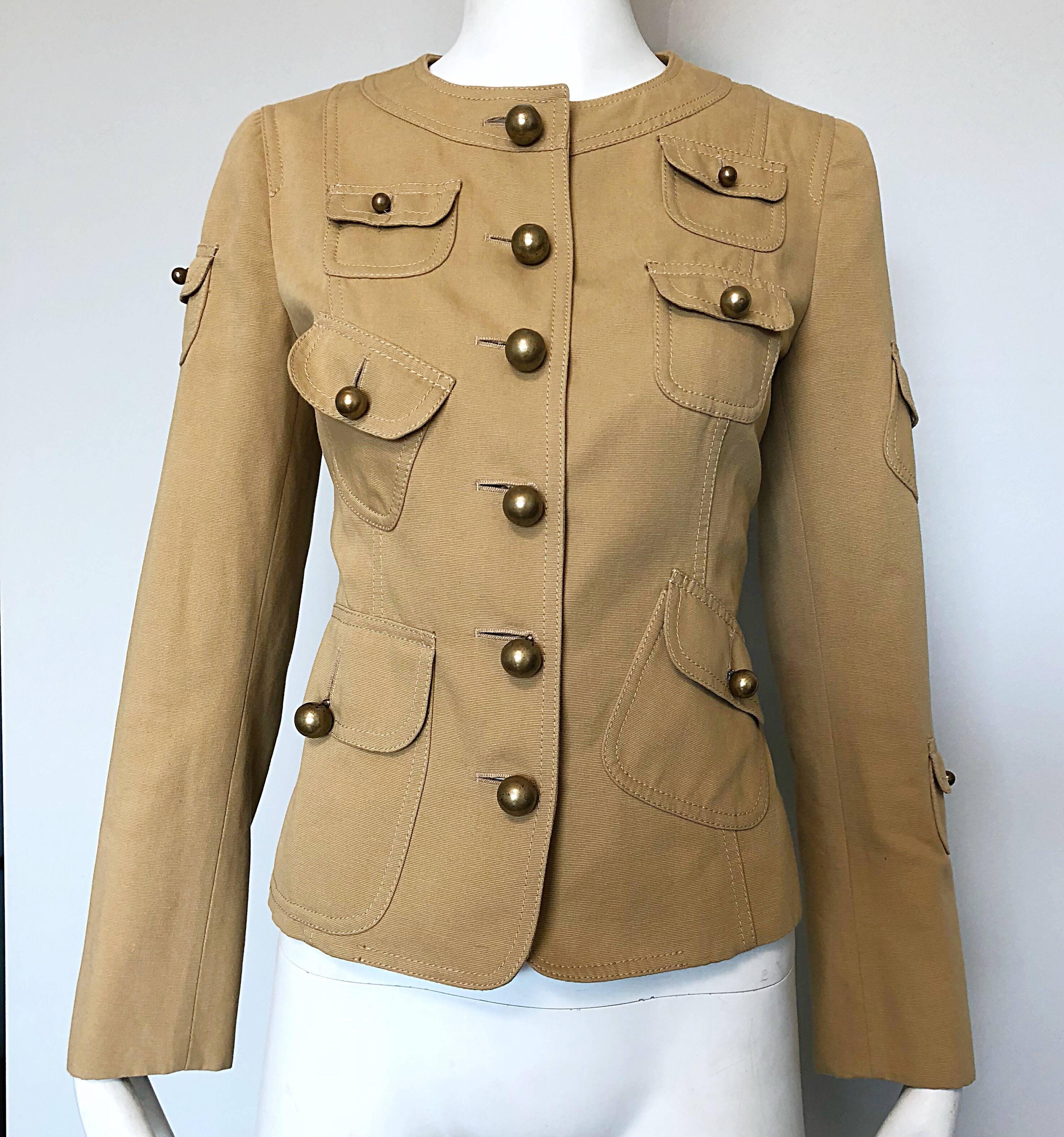 Vintage Moschino Cheap & Chic 1990s Size 6 Khaki Cotton Military Inspired Jacket In Excellent Condition For Sale In San Diego, CA