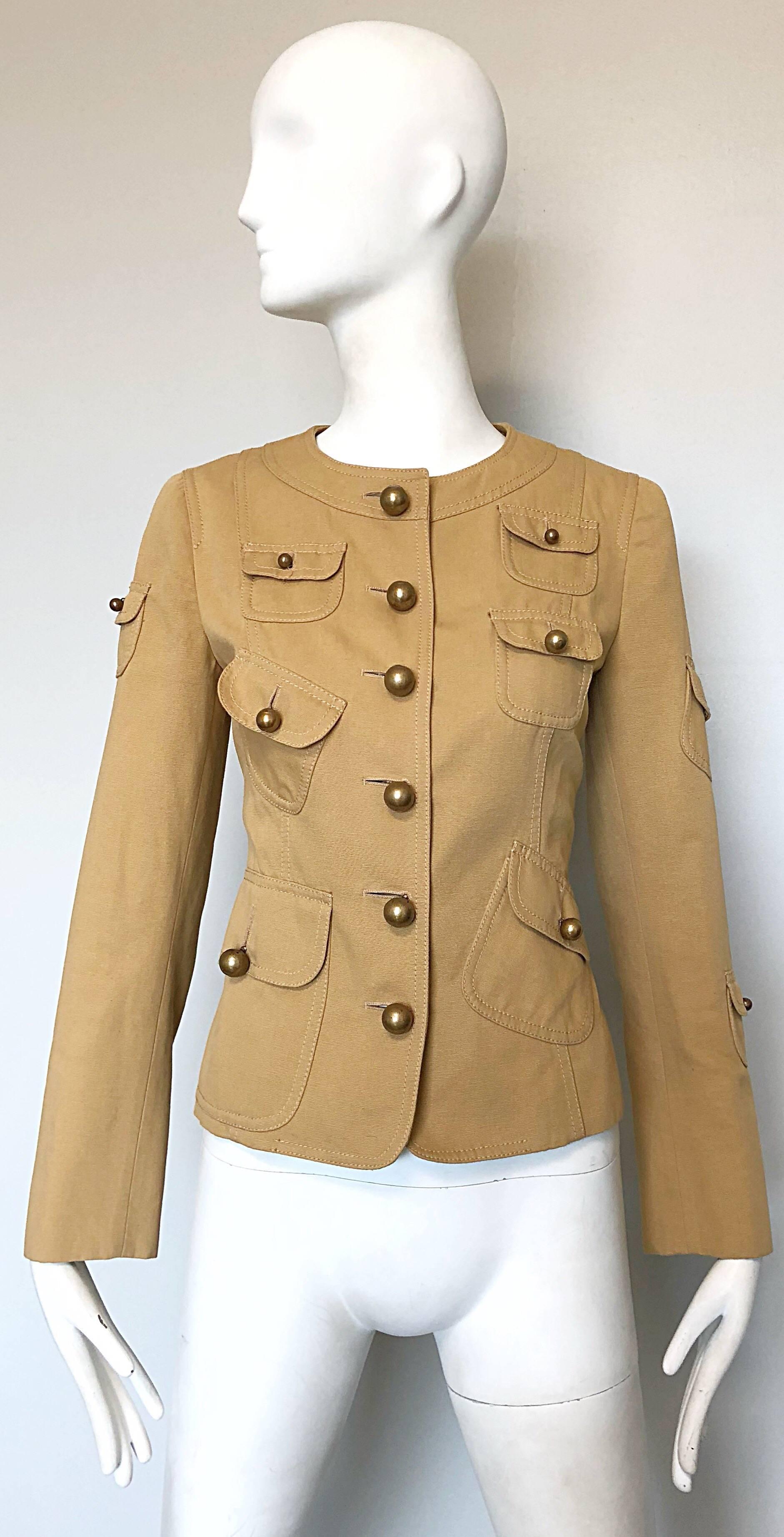 Vintage Moschino Cheap & Chic 1990s Size 6 Khaki Cotton Military Inspired Jacket For Sale 1