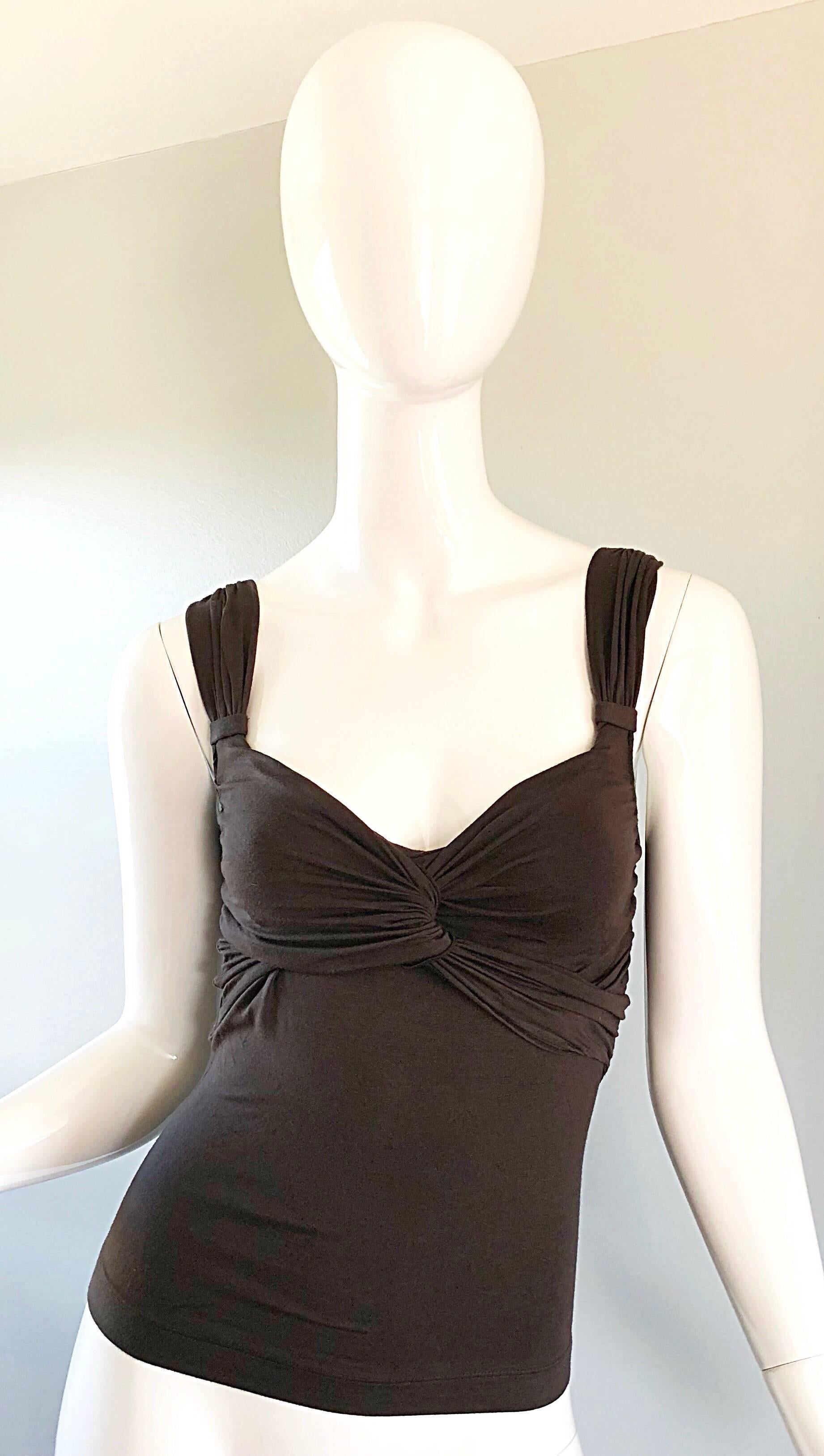 Perfect late 90s MOSCHINO Cheap and Chic chocolate brown sleeveless rayon jersey top! Features a flattering ruched bodice that stretches to fit. Simple slips over the head. Can easily be dressed up or down. Great with jeans, shorts, trousers, or a