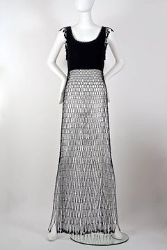 Vintage MOSCHINO CHEAP and CHIC Crochet Beaded Fishnet Mesh Fringe Black Dress