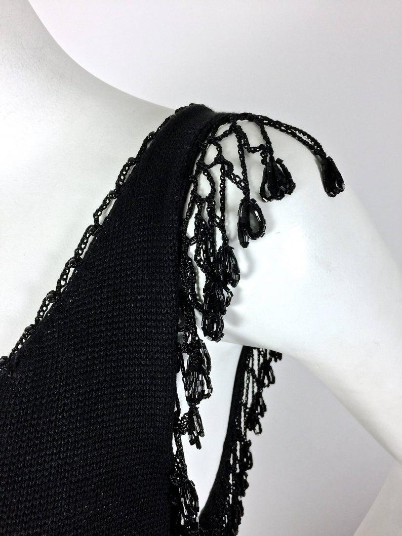 Women's Vintage MOSCHINO CHEAP and CHIC Crochet Beaded Fishnet Mesh Fringe Black Dress