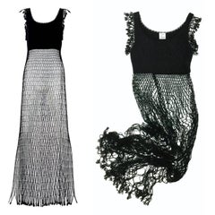 Vintage MOSCHINO CHEAP and CHIC Crochet Beaded Fishnet Mesh Fringe Black Dress