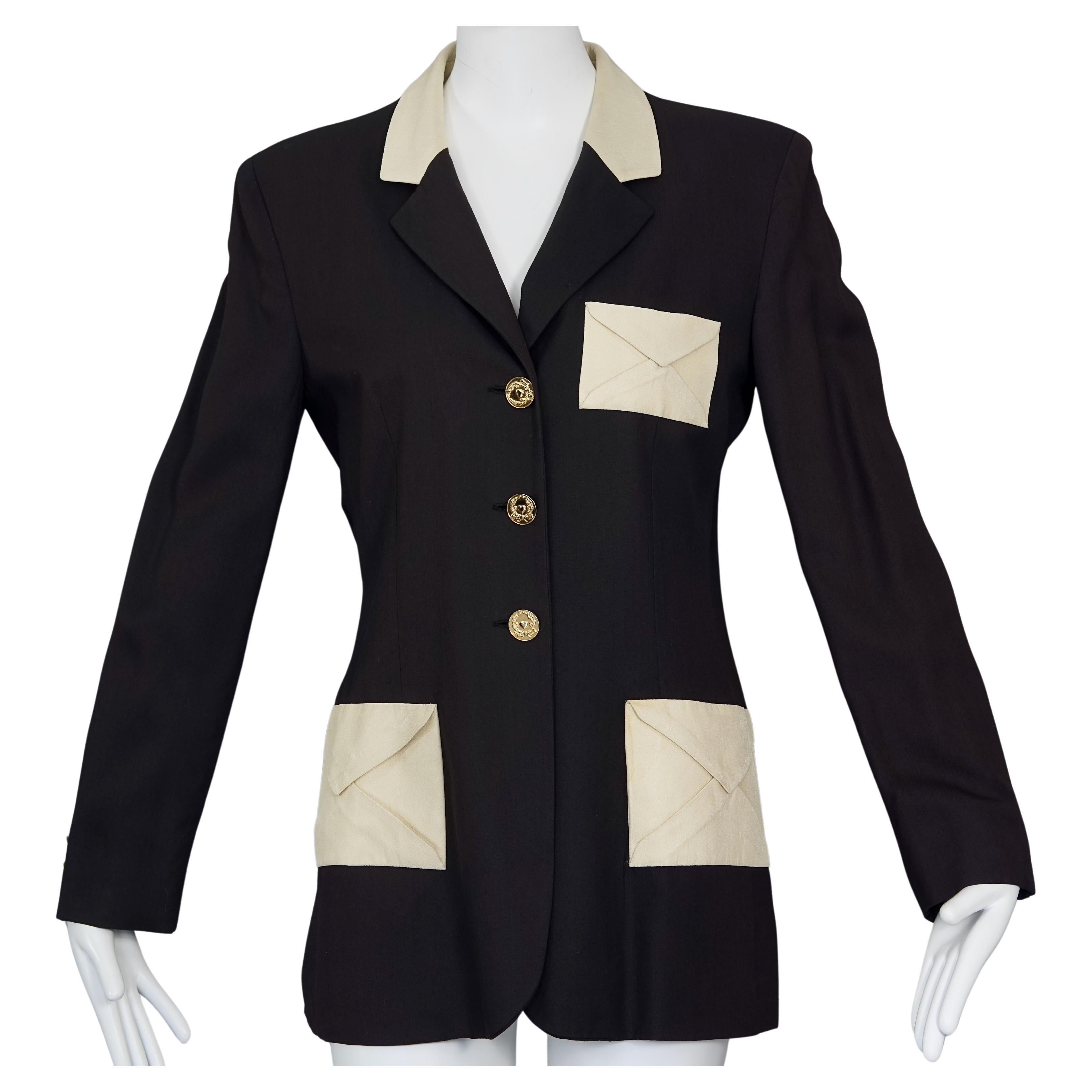 Vintage MOSCHINO CHEAP and CHIC Envelope Pockets Applique Novelty Jacket For Sale