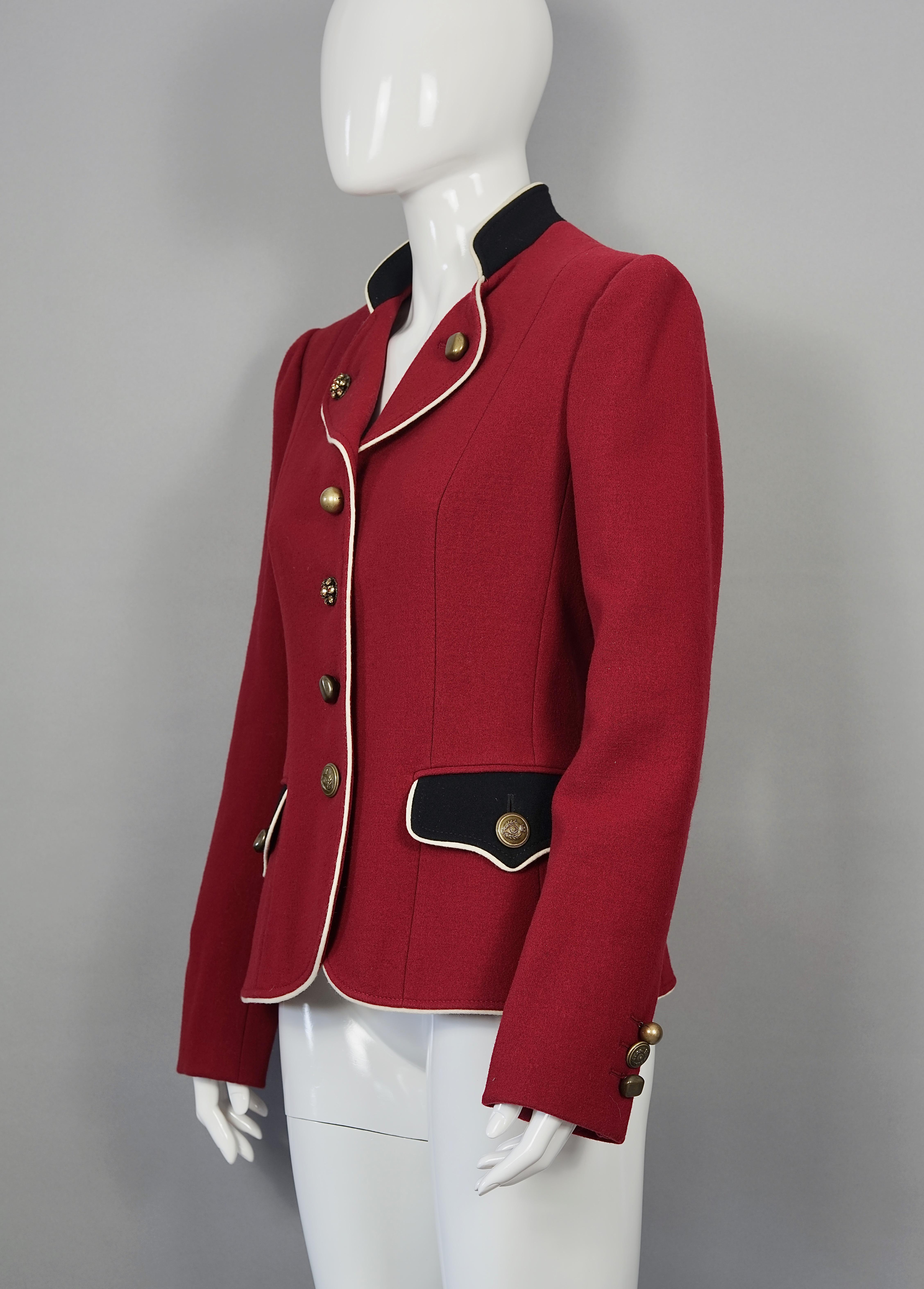 Vintage MOSCHINO CHEAP and CHIC Jeweled Buttons Cavalier Military Jacket

Measurements taken laid flat, please double bust and waist:
Shoulder: 16.33 inches (41.5 cm)
Sleeves: 24.80 inches (63 cm)
Bust: 20 inches (51 cm)
Waist: 17.32 inches (44