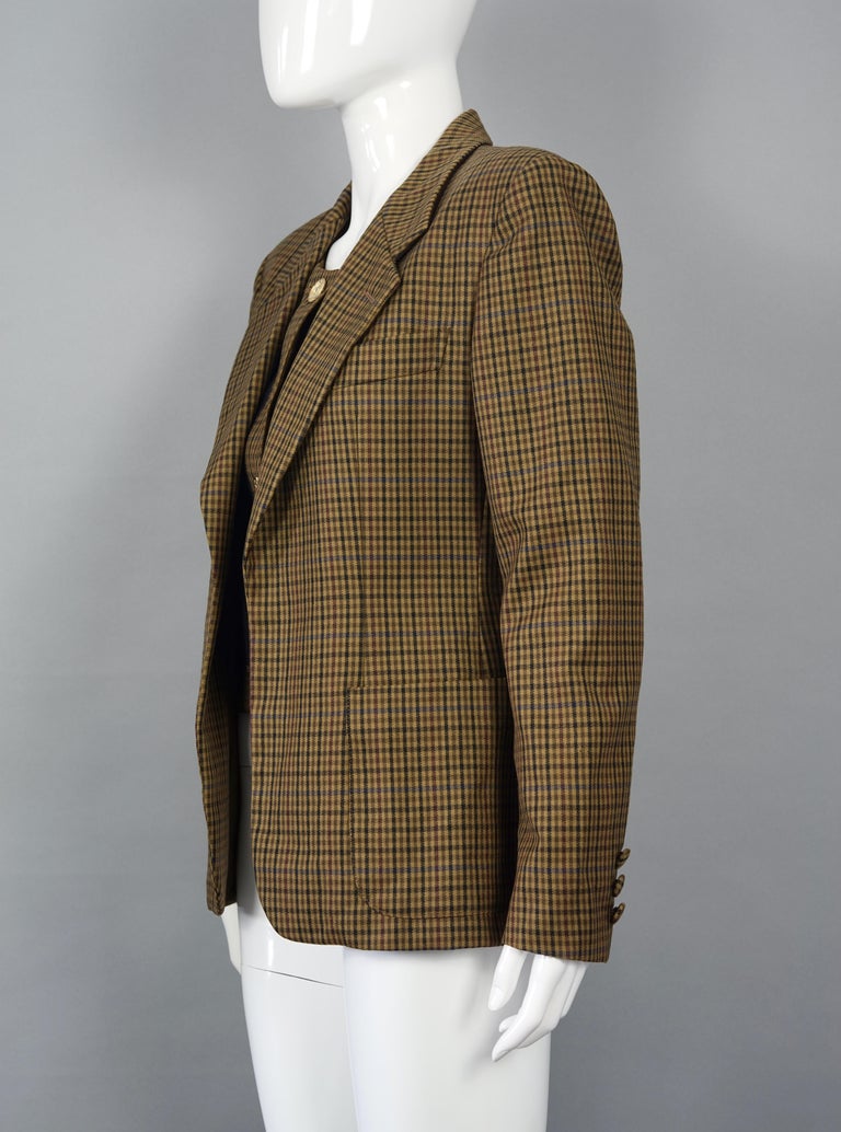 Brown Vintage MOSCHINO CHEAP and CHIC Plaid Illusion Twinset Wool Jacket For Sale