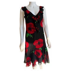 Vintage Moschino Cheap and Chic Poppy Print Sheer Silk Overlay Floral Dress, 90s