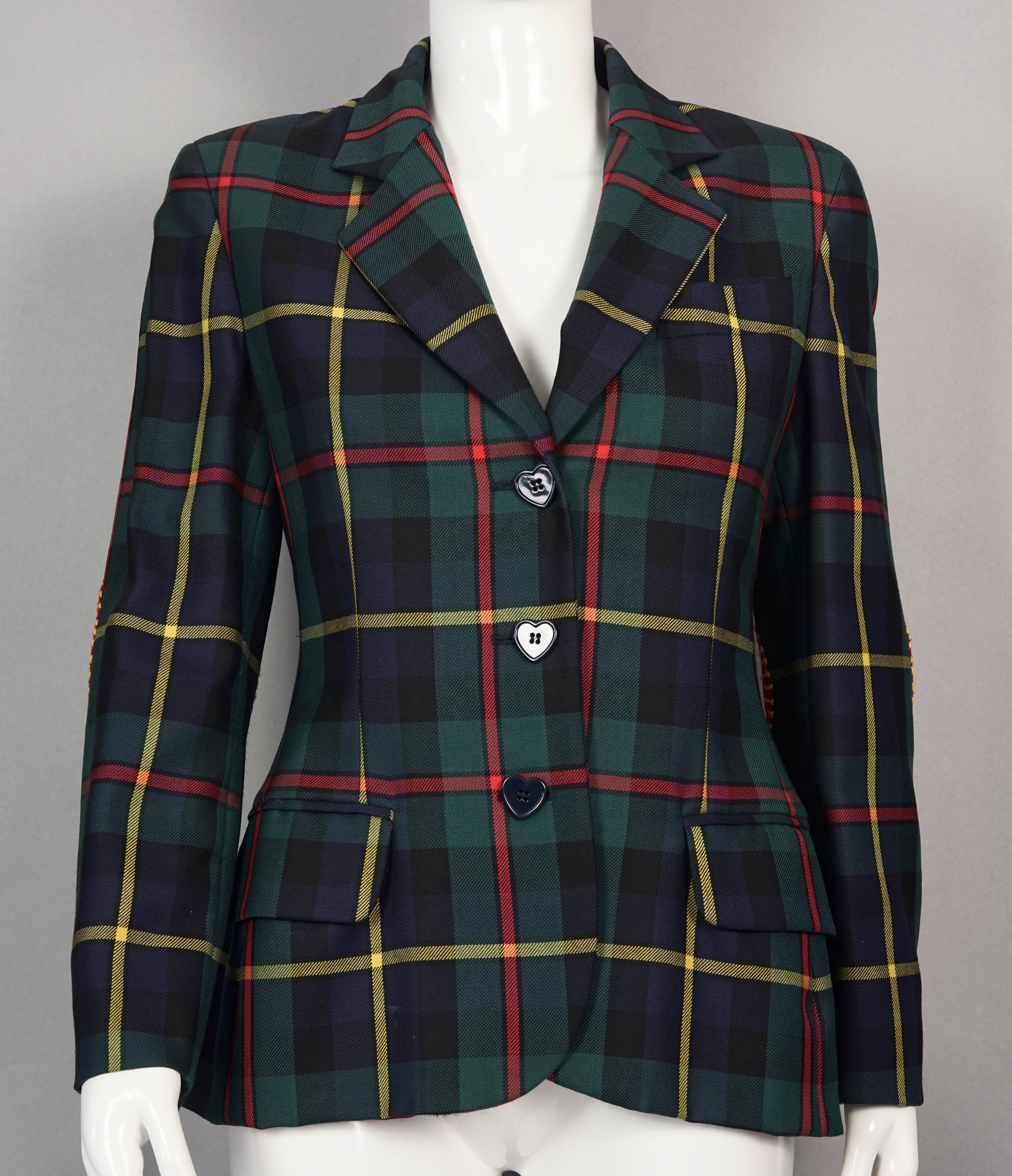 Vintage MOSCHINO CHEAP and CHIC Tartan Heart Elbow Novelty Jacket

Measurements taken laid flat, please double bust and waist:
Shoulder: 15.75 inches (40 cm)
Sleeves: 22.83 inches (58 cm)
Bust: 17.71 inches (45 cm)
Waist: 15.35 inches (39