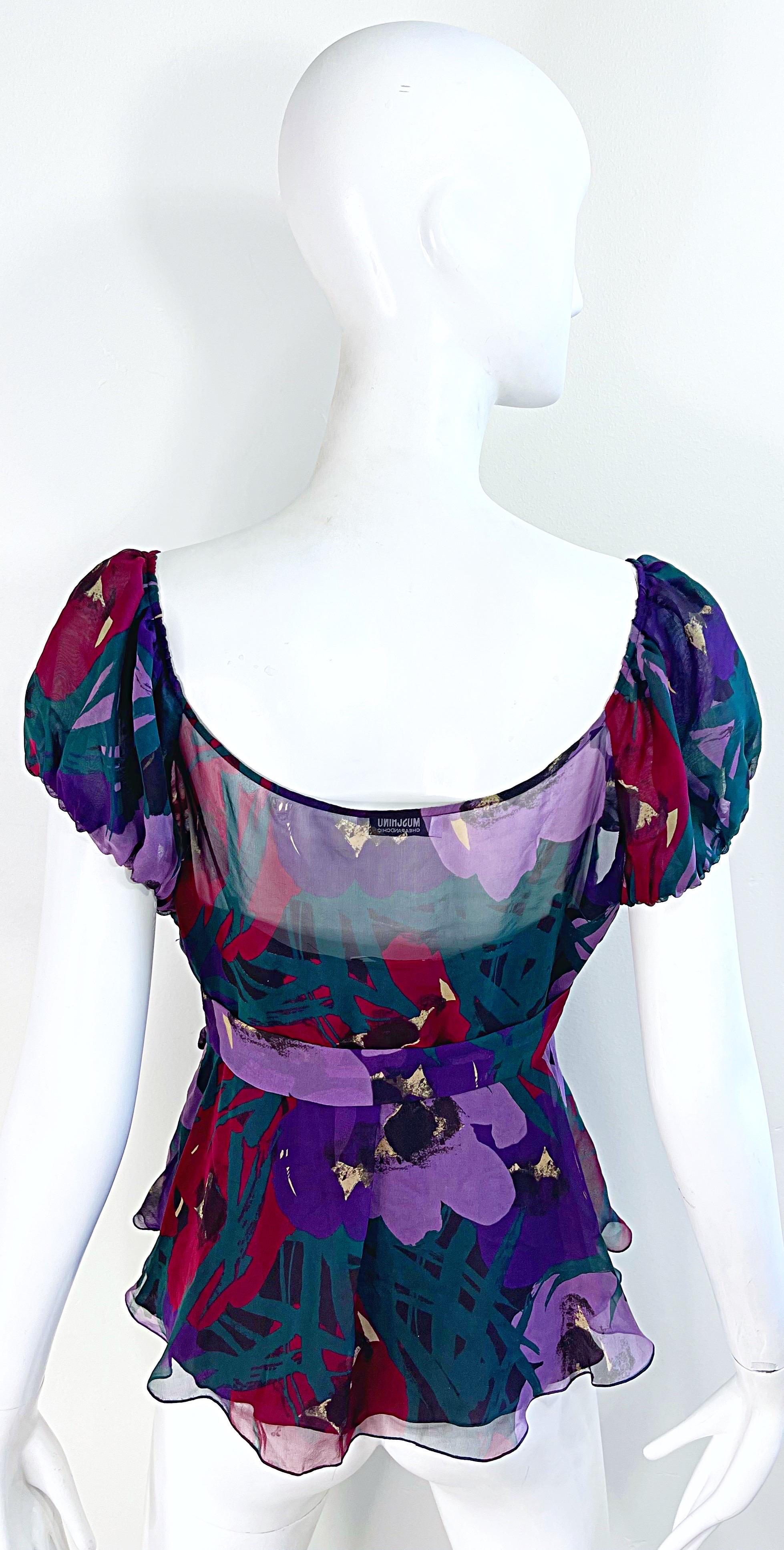 Vintage Moschino Cheap & Chic 2000er Jahre Größe 6 Seide Chiffon Aquarell Druck Bluse im Angebot 4
