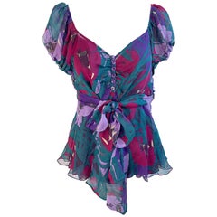 Vintage Moschino Cheap and Chic 2000s Talla 6 Blusa de gasa de seda con estampado de acuarela