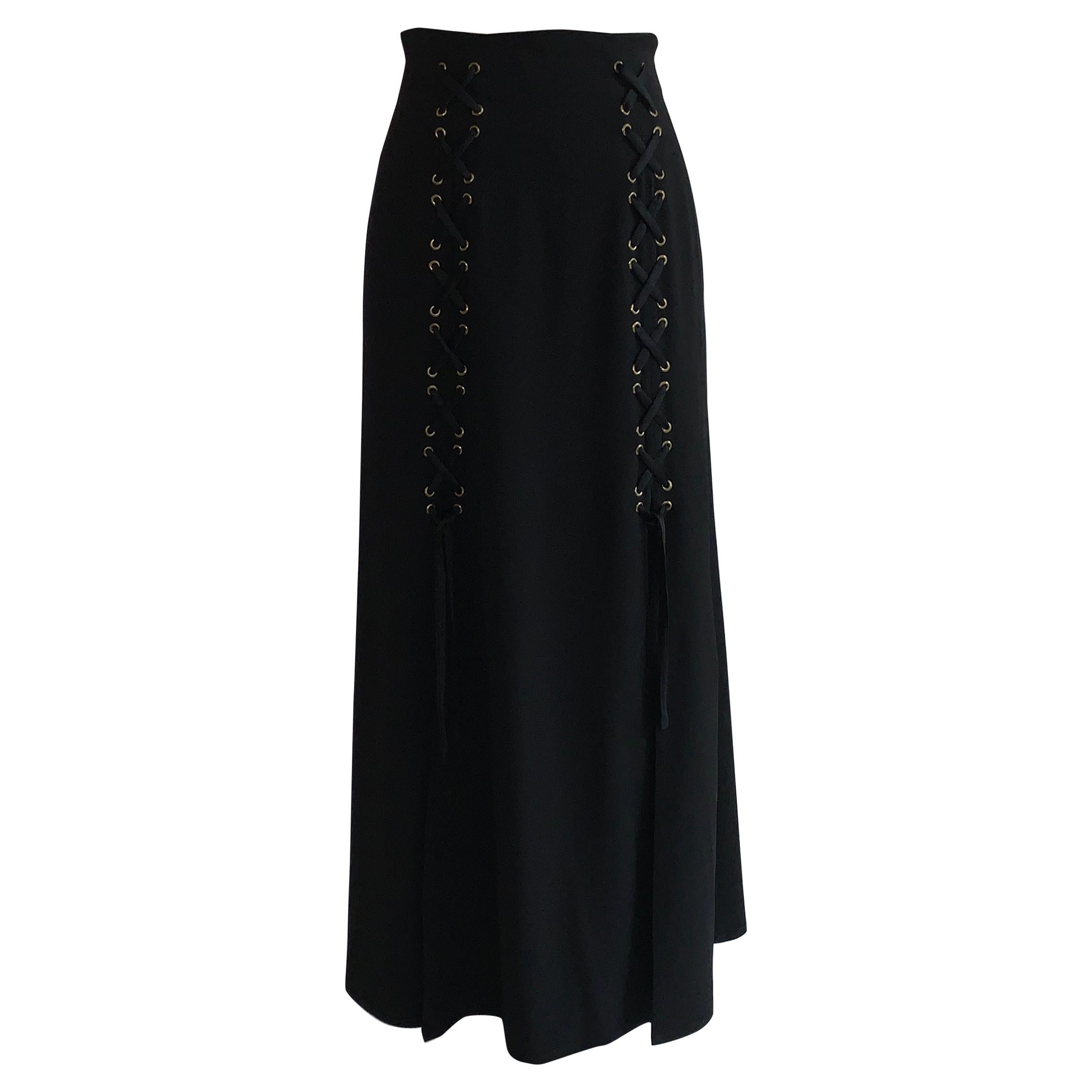 Vintage Moschino Cheap & Chic Black Lace Up Detail Maxi Skirt 1990s For Sale