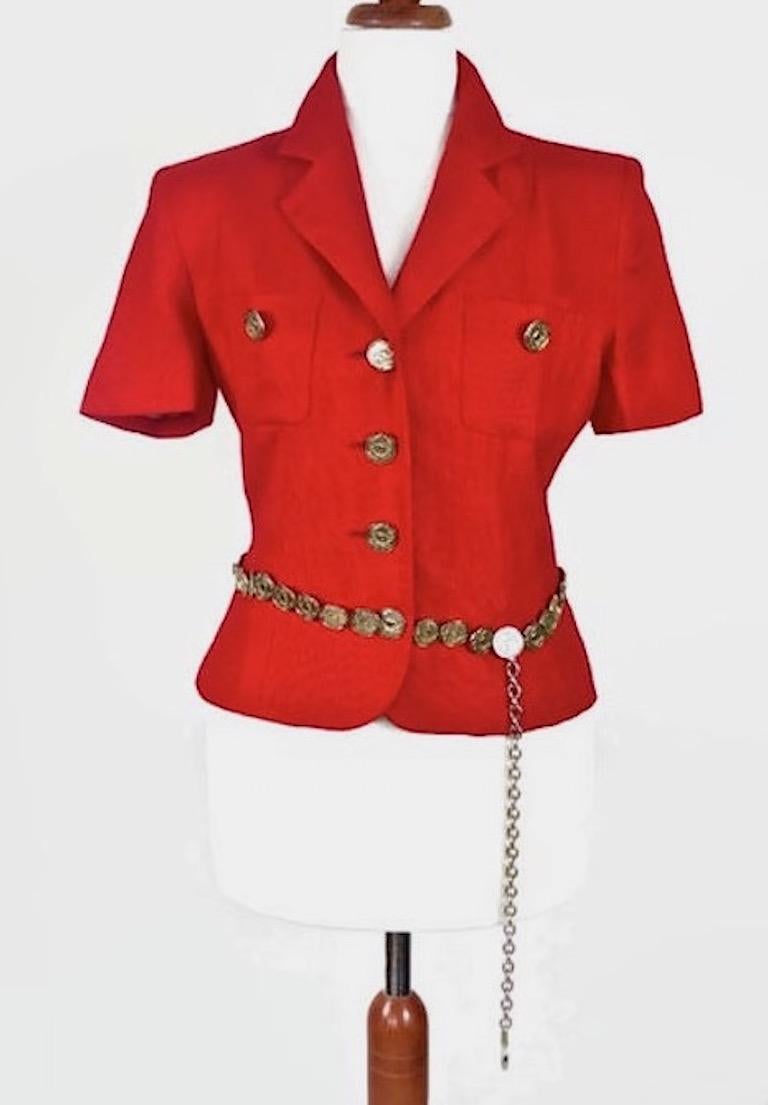 Vintage MOSCHINO CHEAP & CHIC Coin Belted Red Pant Suit Ensemble

Measurements taken laid flat, please double bust, waist and hips:
TOP:
Shoulder: 15.5 inches
Sleeves: 8.5 inches
Bust: 17.5 inches
Waist: 14.5 inches
Length: 20.5 inches

PANTS/