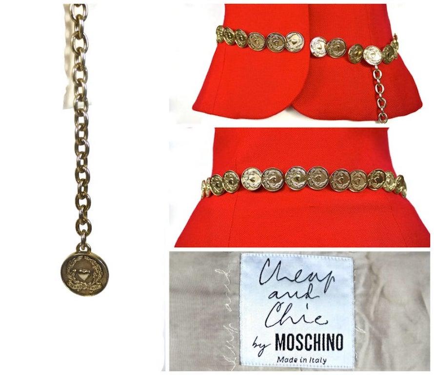 Women's Vintage MOSCHINO CHEAP & CHIC Coin Belted Red Pant Suit Ensemble For Sale