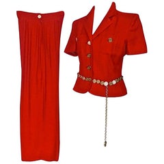 Vintage MOSCHINO CHEAP & CHIC Coin Belted Red Pant Suit Ensemble