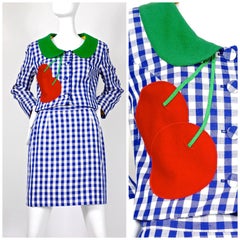 Vintage MOSCHINO Cherry Applique Gingham Jacket Skirt Suit