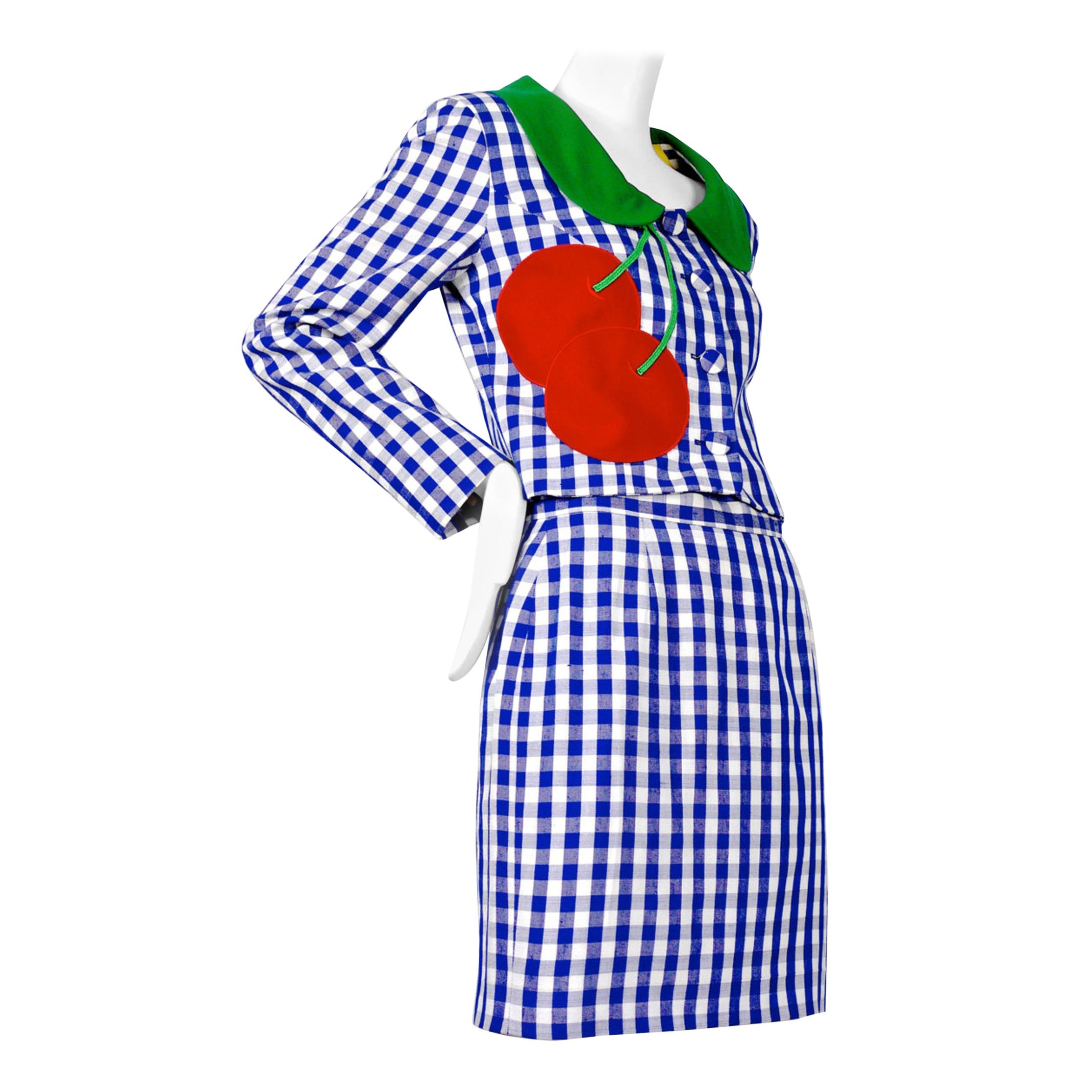 Vintage MOSCHINO Cherry Applique Gingham Jacket Skirt Suit