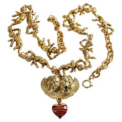 Vintage MOSCHINO Cherubs Angels Heart Pendant Link Novelty Necklace