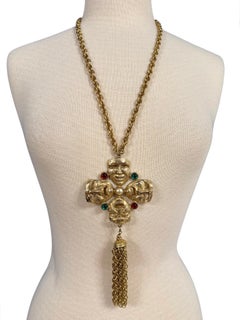Vintage Moschino Comedy Tragedy Mask Tassel Charm Long Pendant Necklace