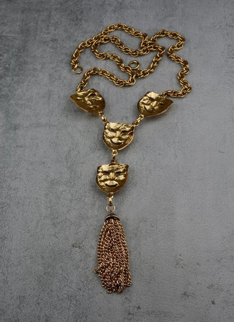 Vintage MOSCHINO Comedy Tragedy Mask Tassel Charm Necklace 2