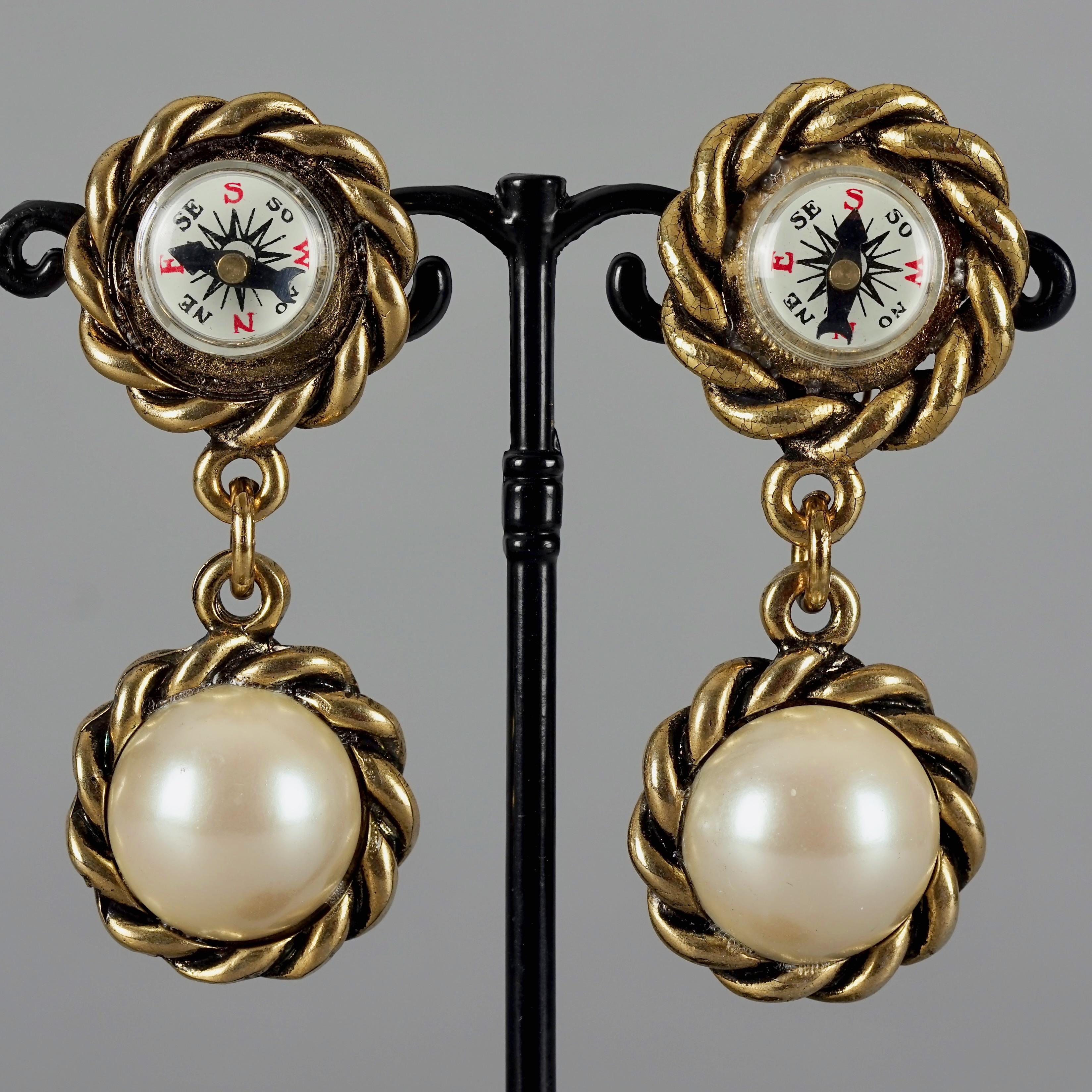 Vintage MOSCHINO Compass Pearl Novelty Dangling Earrings For Sale 2