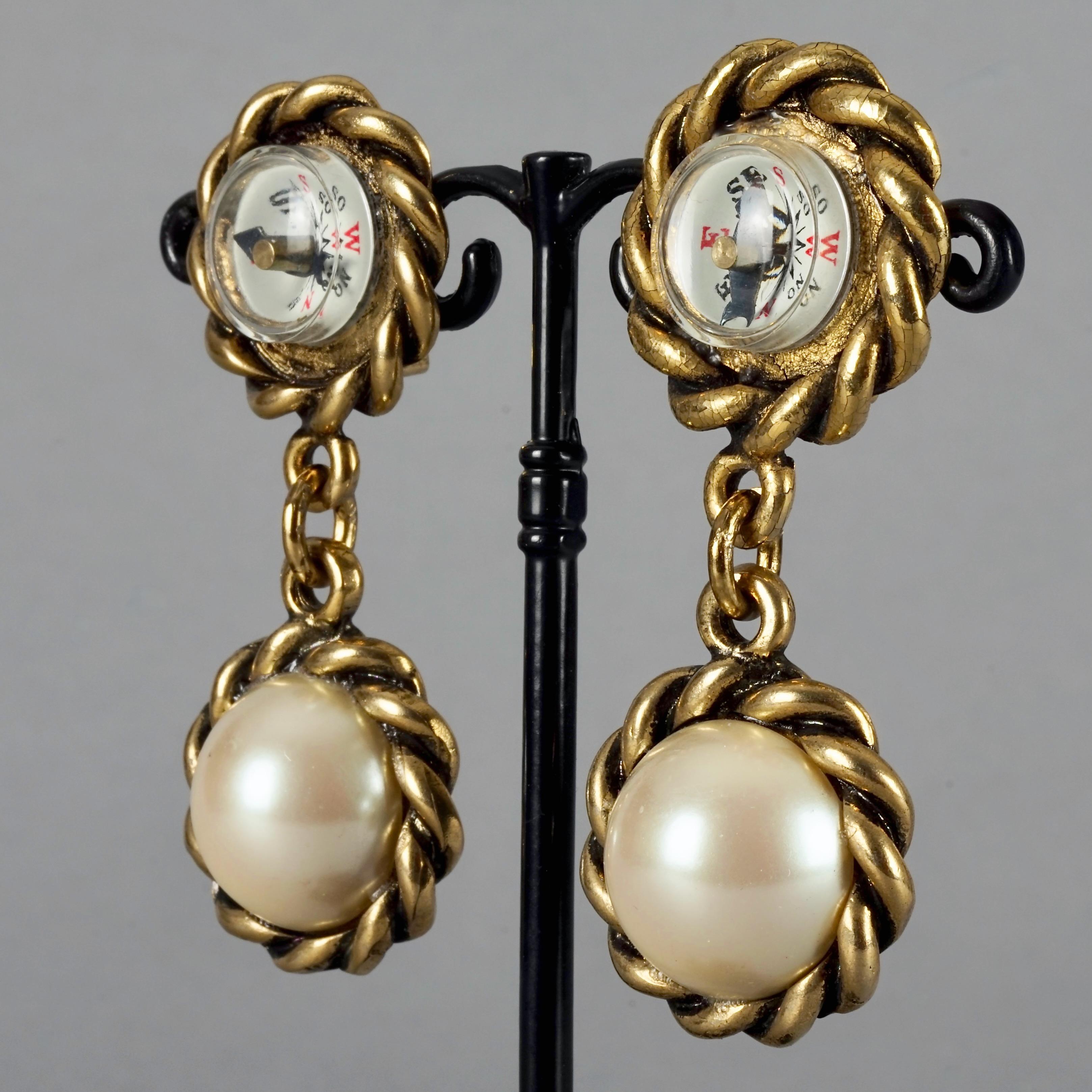 Vintage MOSCHINO Compass Pearl Novelty Dangling Earrings For Sale 3