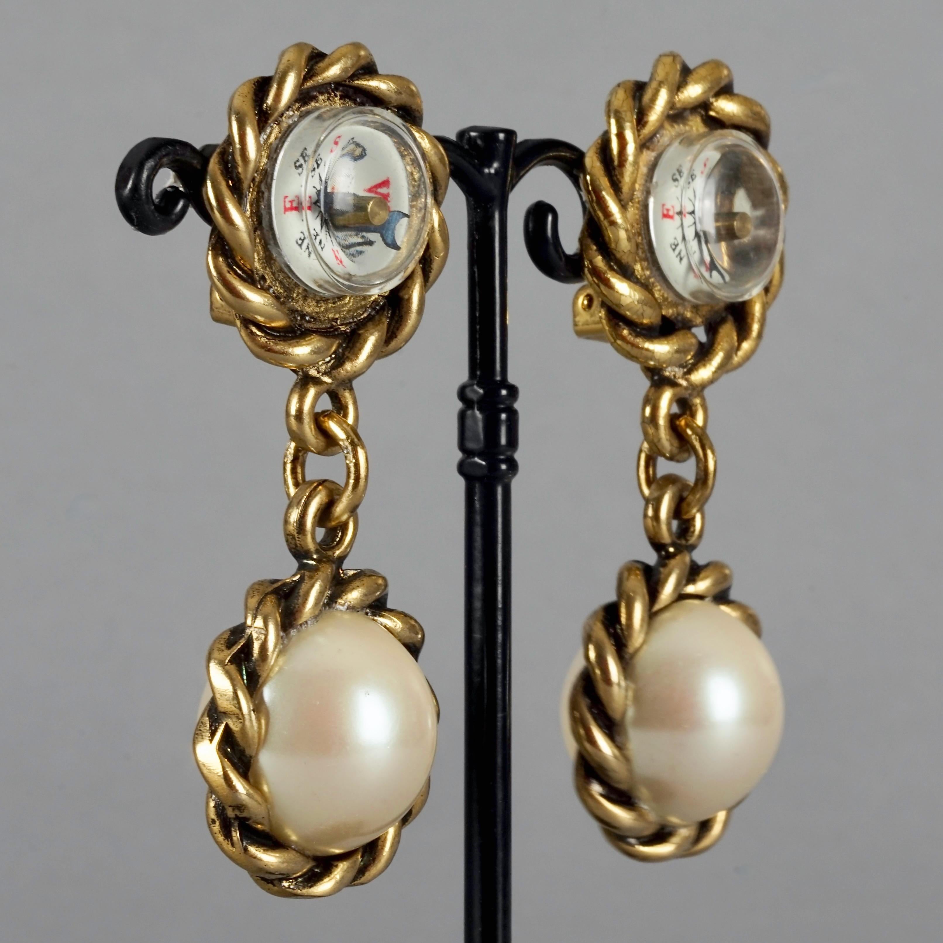Vintage MOSCHINO Compass Pearl Novelty Dangling Earrings For Sale 4