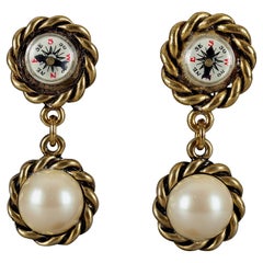 Vintage MOSCHINO Compass Pearl Novelty Dangling Earrings