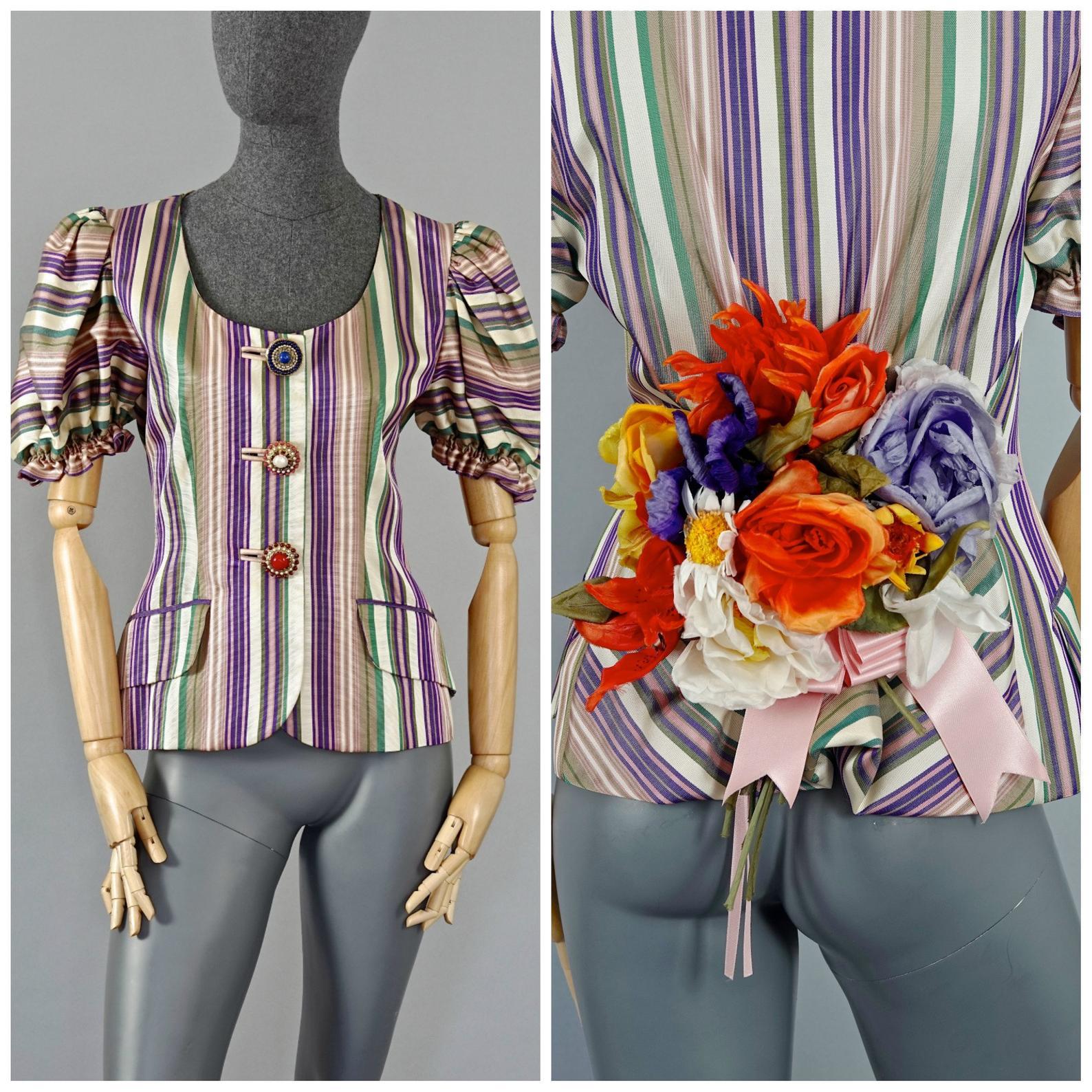 Gray Vintage MOSCHINO COUTURE Flower Bouquet Novelty Blouse