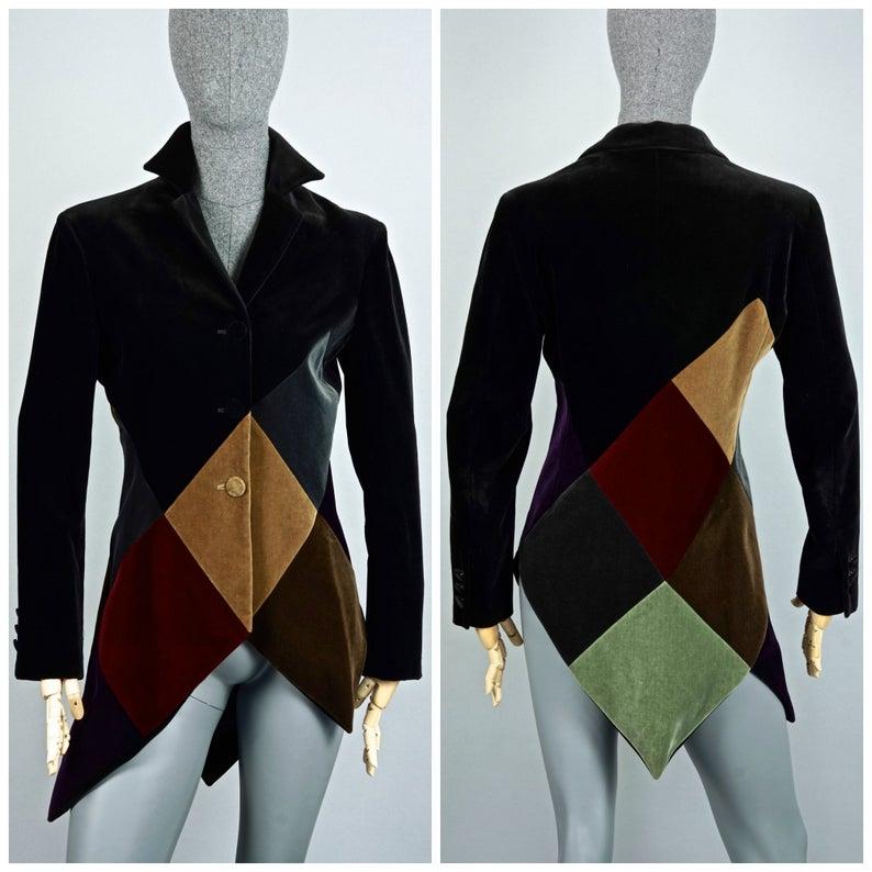 Black Vintage MOSCHINO COUTURE Harlequin Velvet Novelty Asymmetric Blazer Jacket