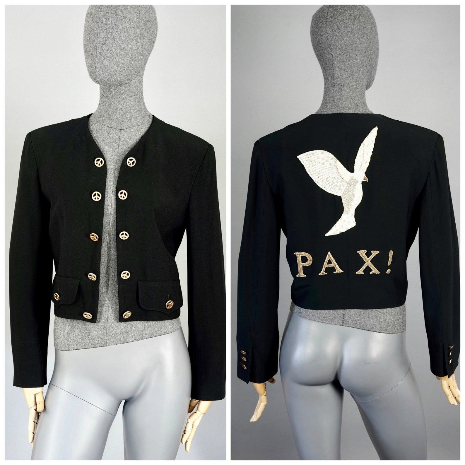 Vintage MOSCHINO COUTURE PAX Peace Dove Bird Figural Novelty Blazer Jacket

Measurements taken laid flat, please double bust and waist:
Shoulder: 16.53 inches (42 cms)
Sleeves: 22.83 inches (58 cms)
Bust: 17.32 inches (44 cms)
Waist: 15.74 inches