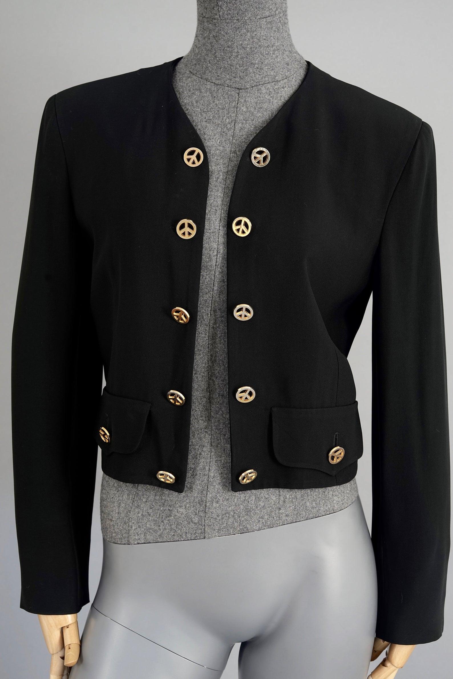 Black Vintage MOSCHINO COUTURE PAX Peace Dove Bird Figural Novelty Blazer Jacket