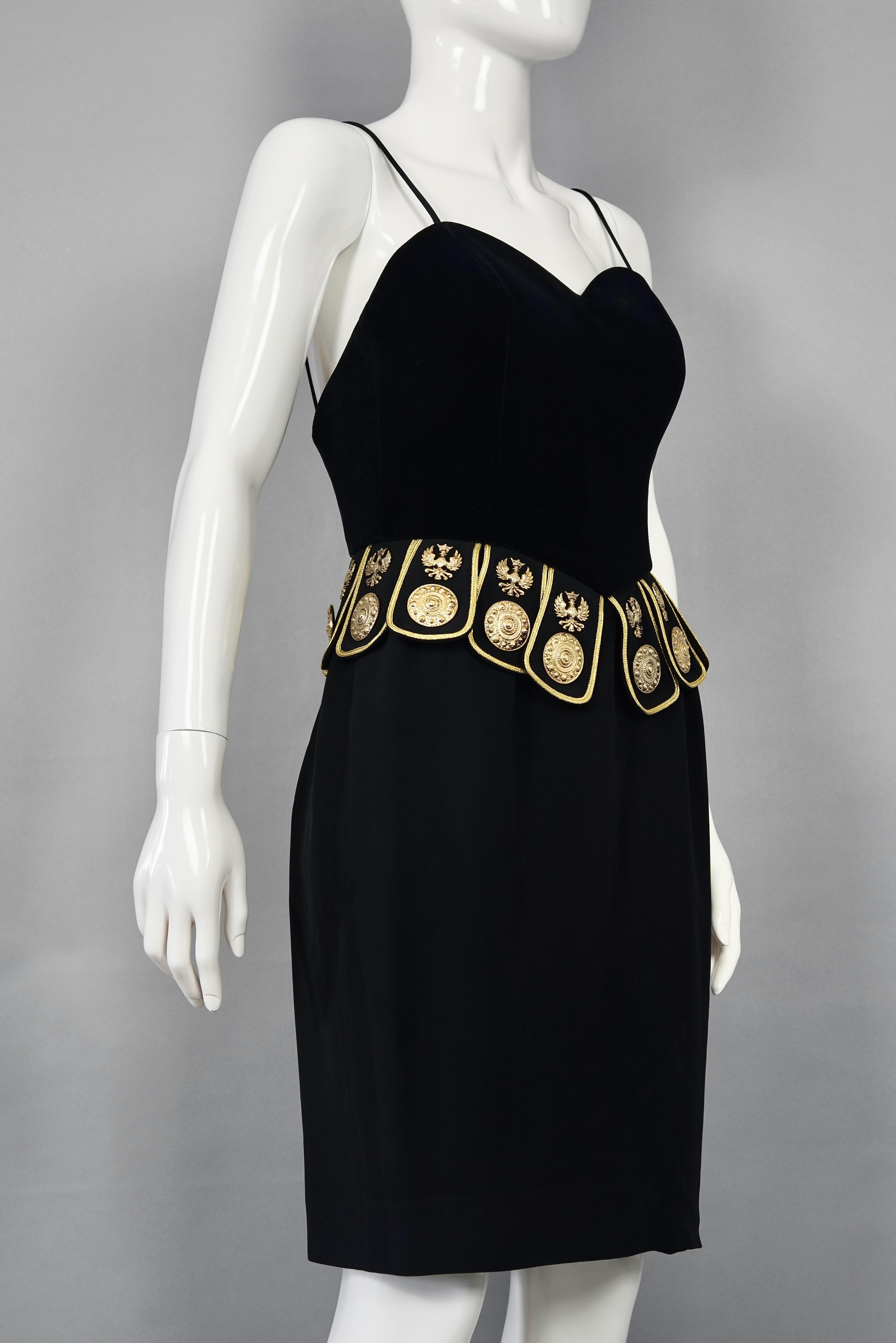 Vintage MOSCHINO COUTURE Roman Centurion Gladiator Velvet Dress
From 1989 Collection.

Measurements taken laid flat, please double bust, waist and hips:
Bust: 16.92 inches (43 cm)
Waist: 14.17 inches (36 cm)
Hips: 19.29 inches (49 cm)
Length: 31.50