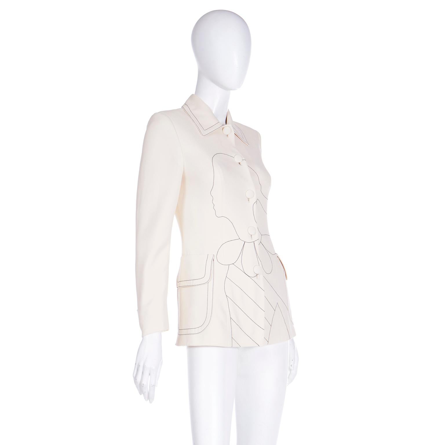 Beige Vintage Moschino Cream Jacket w Line Drawing of Olive Oyl and Ciao! on the back For Sale