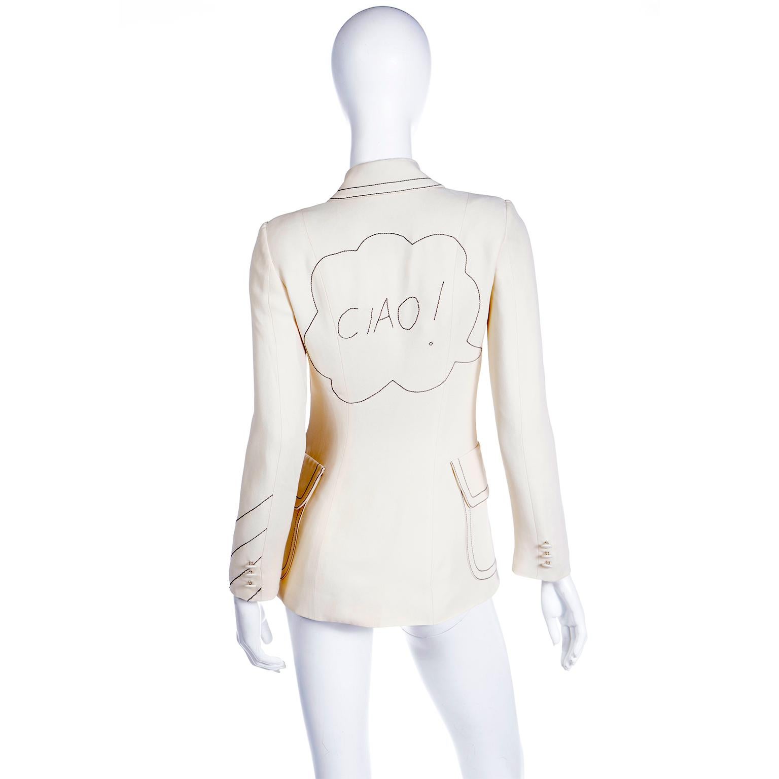 Vintage Moschino Cream Jacket w Line Drawing of Olive Oyl and Ciao! on the back In Excellent Condition For Sale In Portland, OR