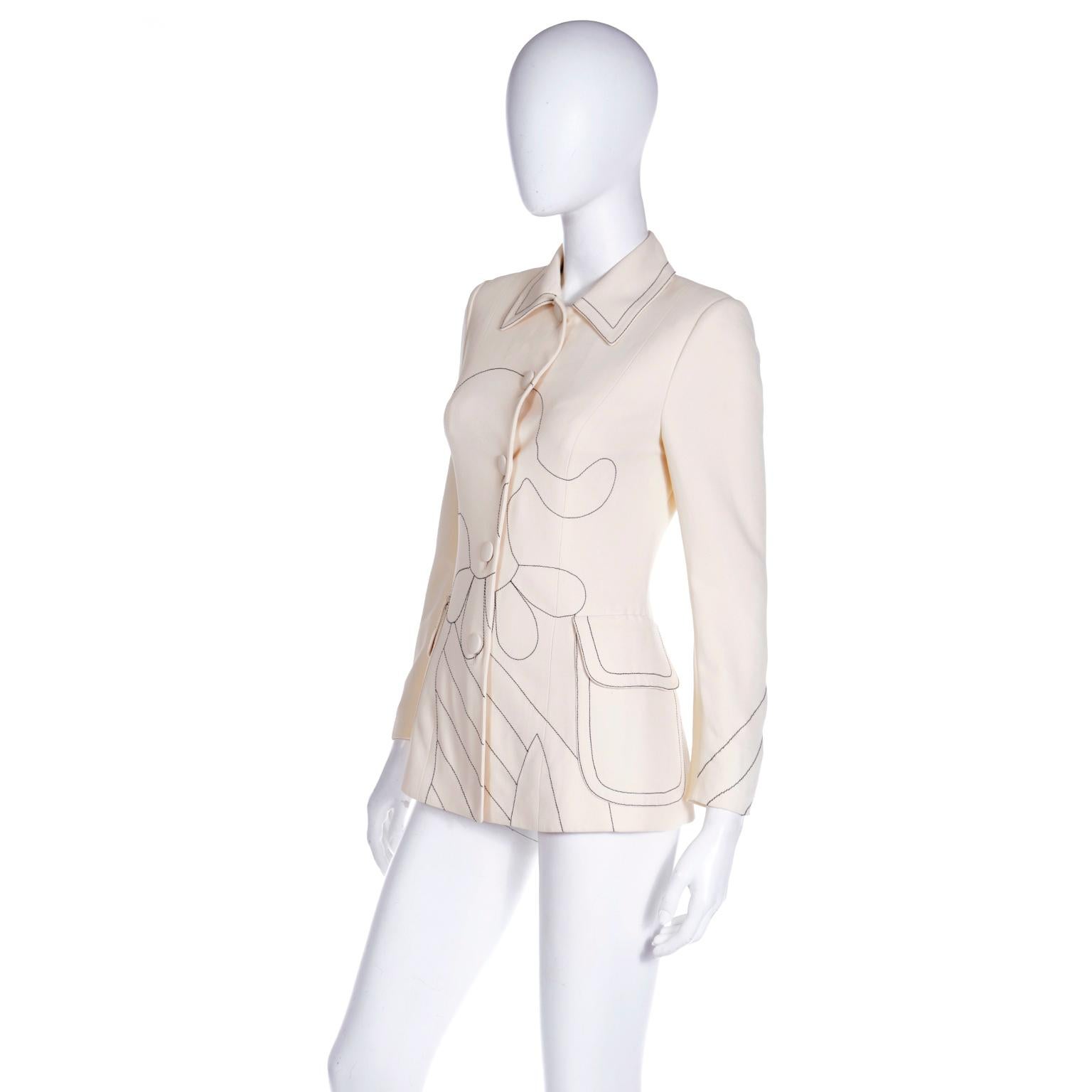Women's Vintage Moschino Cream Jacket w Line Drawing of Olive Oyl and Ciao! on the back For Sale