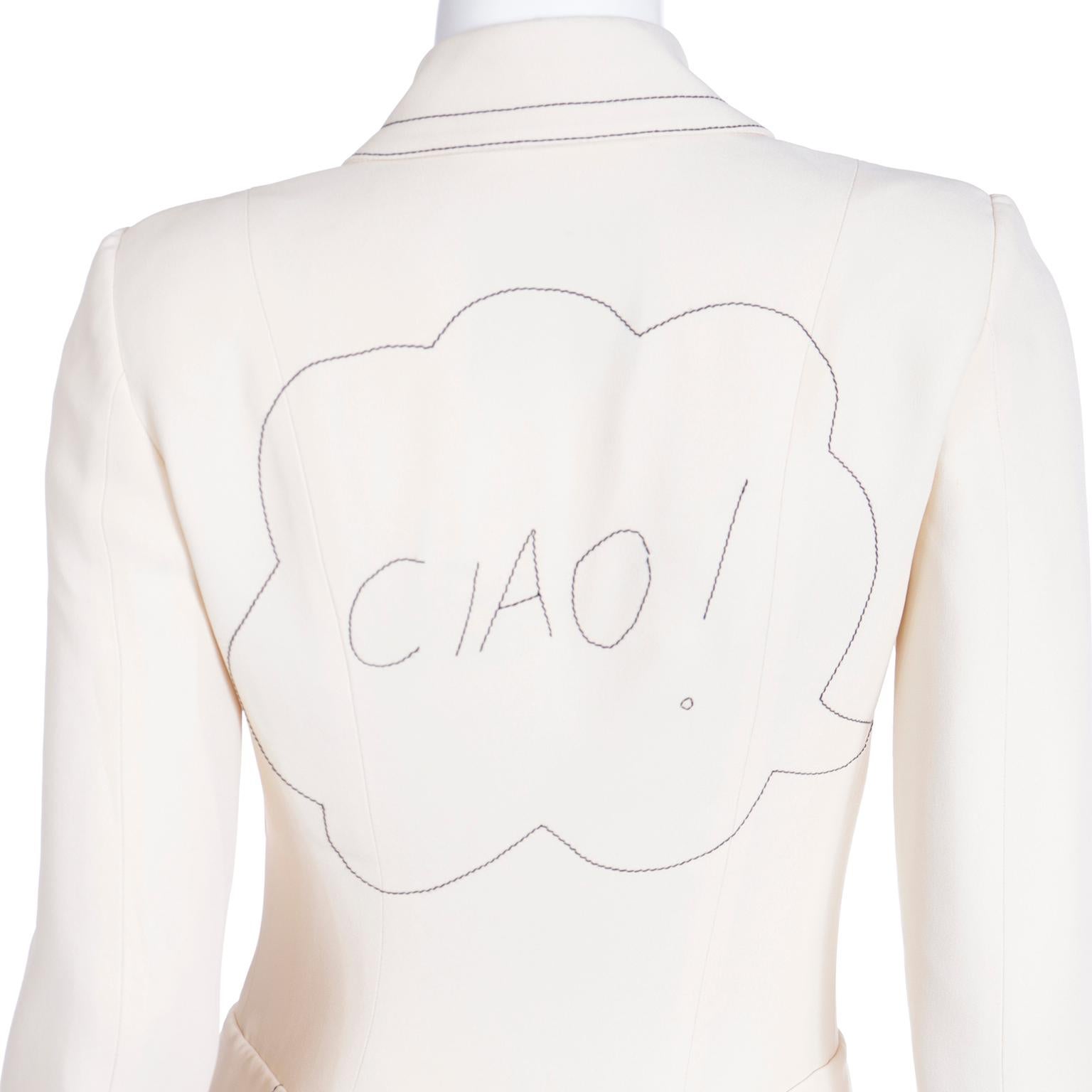 Vintage Moschino Cream Jacket w Line Drawing of Olive Oyl and Ciao! on the back For Sale 2