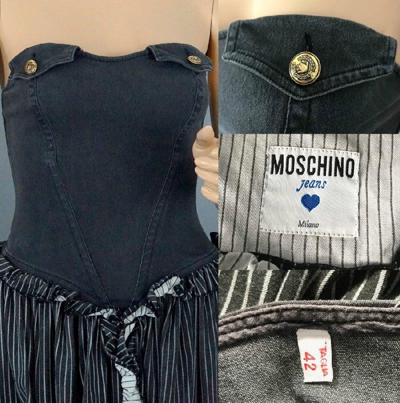 Vintage MOSCHINO Denim Bustier Stripe Ruffled Frill Ruche Panel Dress For Sale 3