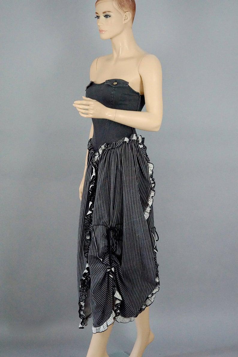 Black Vintage MOSCHINO Denim Bustier Stripe Ruffled Frill Ruche Panel Dress For Sale