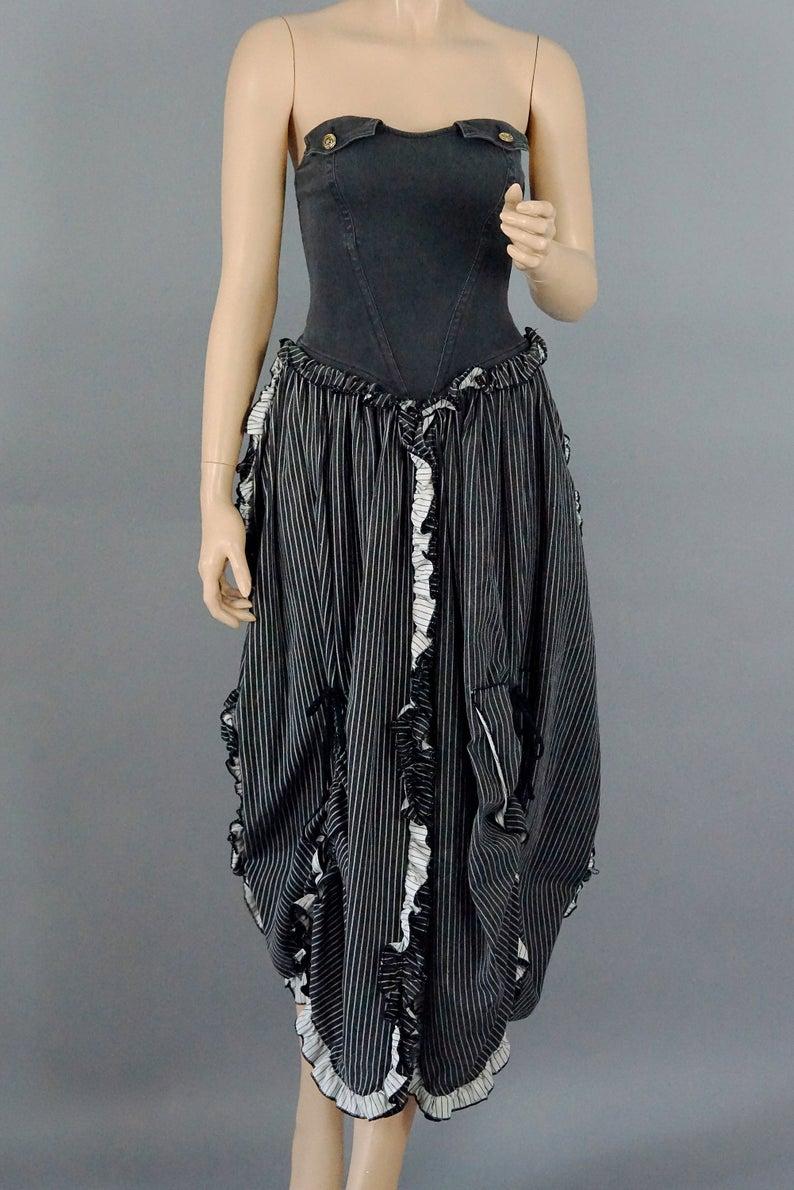 Women's Vintage MOSCHINO Denim Bustier Stripe Ruffled Frill Ruche Panel Dress For Sale