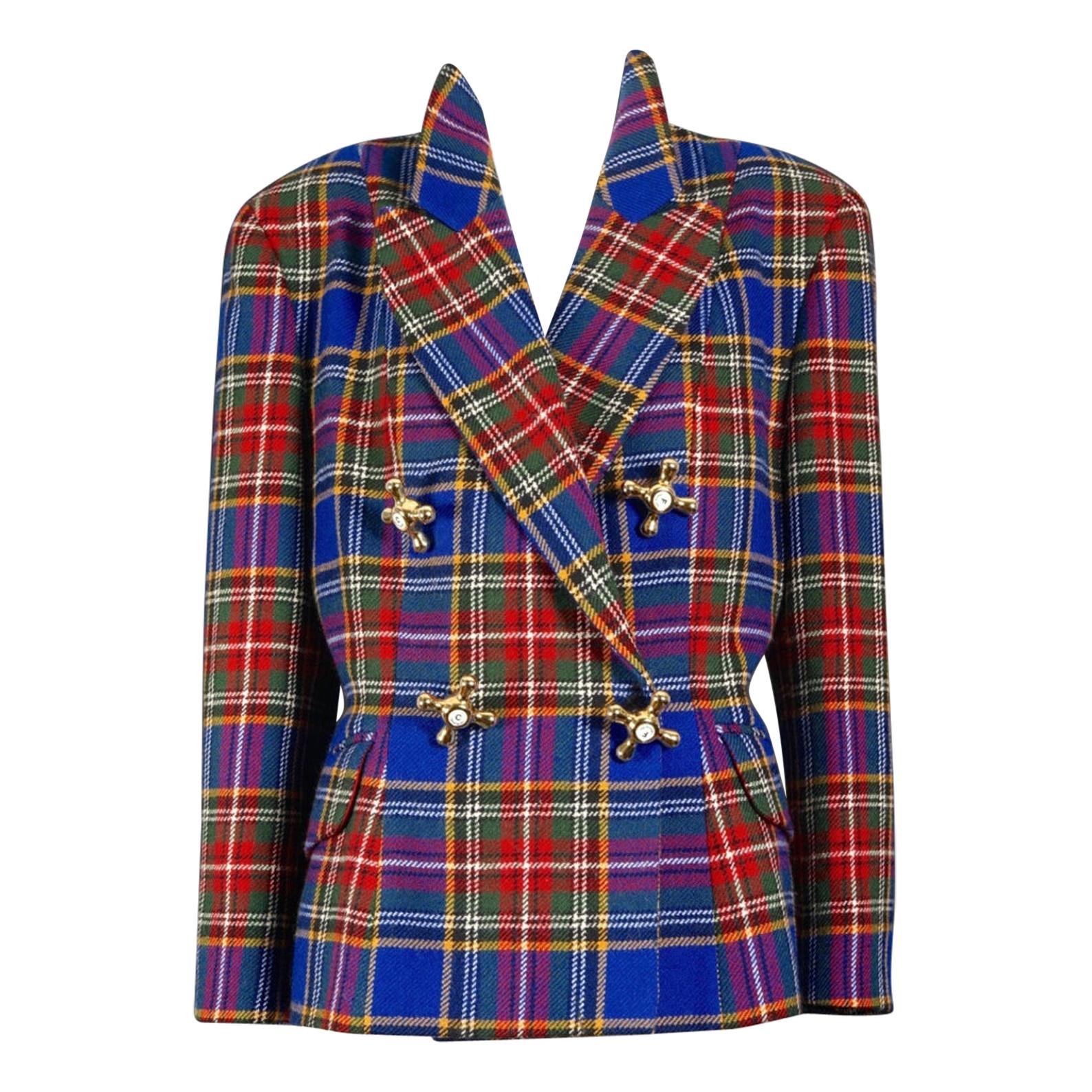 Vintage MOSCHINO Faucet Plaid Tartan Novelty Jacket For Sale