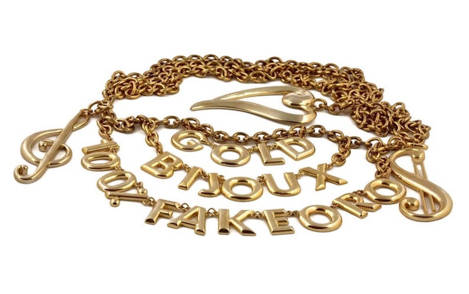 Vintage MOSCHINO "Gold Bijoux 100% Fake Oro" Novelty Charm Belt at 1stDibs  | moschino bijoux, moschino real or fake
