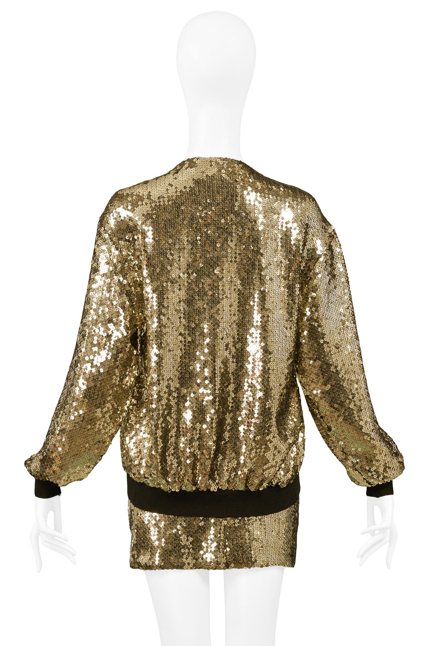 Vintage Moschino Gold Sequin Bomber Jacket, Bra & Skirt 1989 In Good Condition In Los Angeles, CA