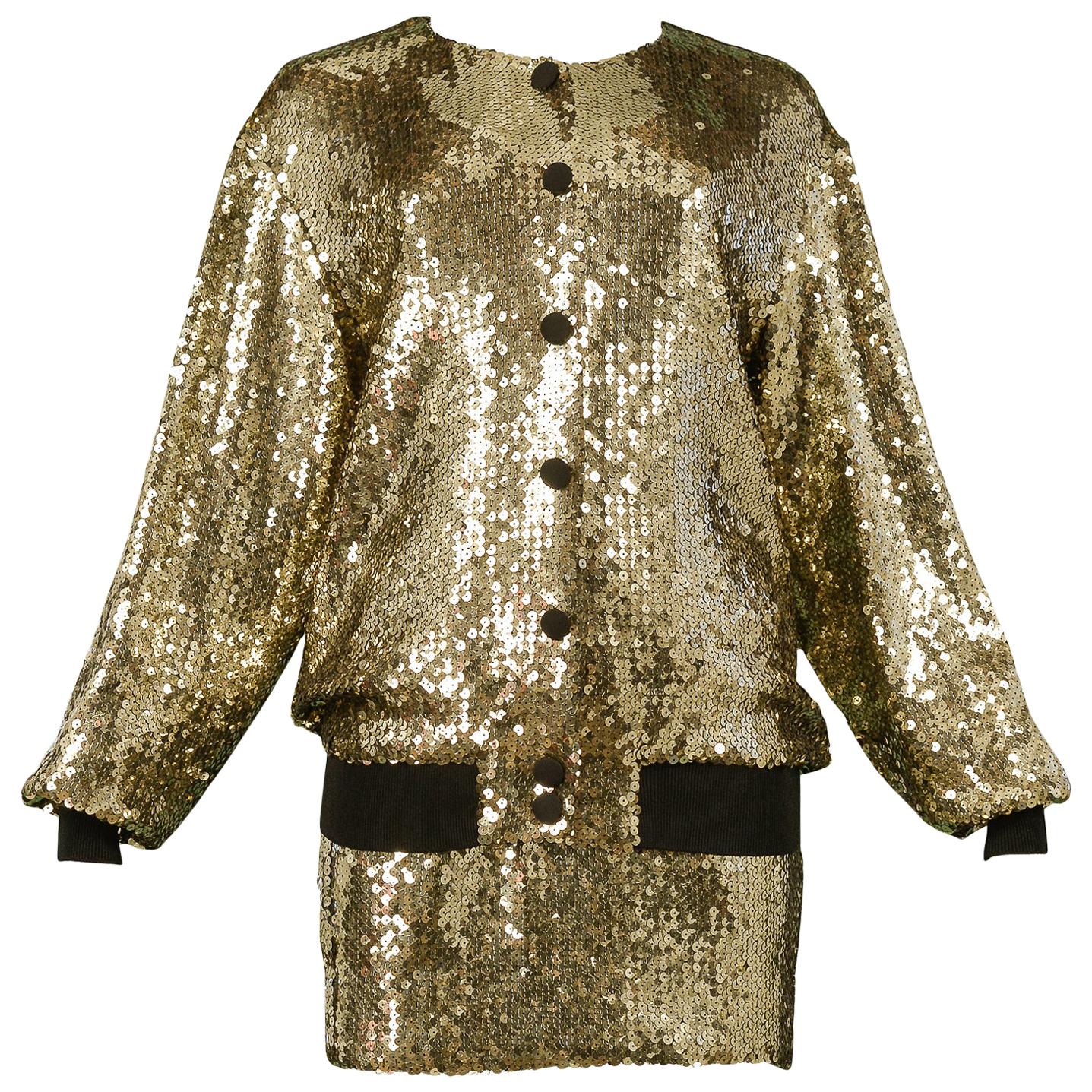 Vintage Moschino Gold Sequin Bomber Jacket, Bra & Skirt 1989