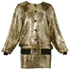 Retro Moschino Gold Sequin Bomber Jacket, Bra & Skirt 1989