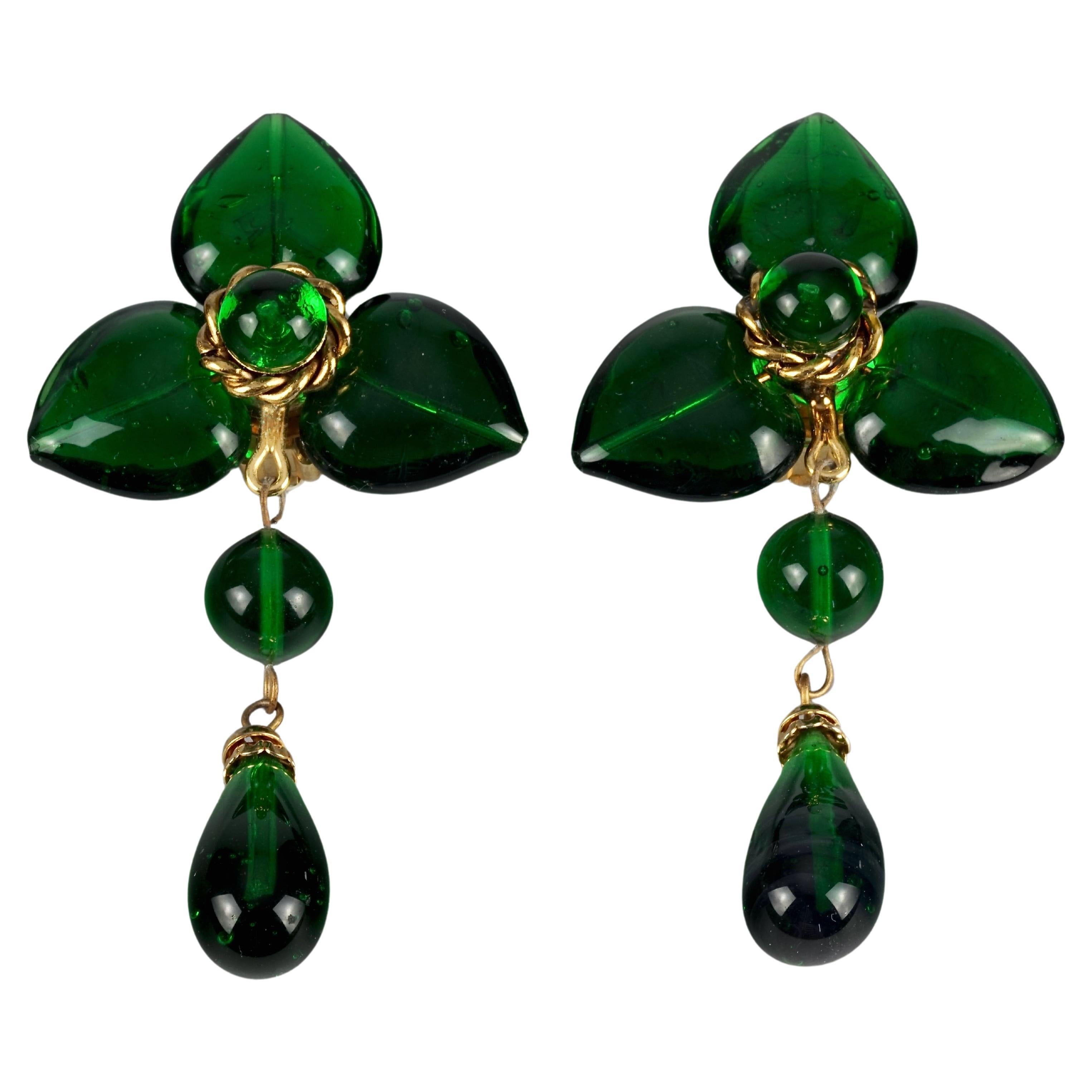 Vintage MOSCHINO Green Glass Heart Dangling Earrings For Sale