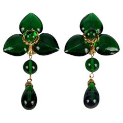 Vintage MOSCHINO Green Glass Heart Dangling Earrings