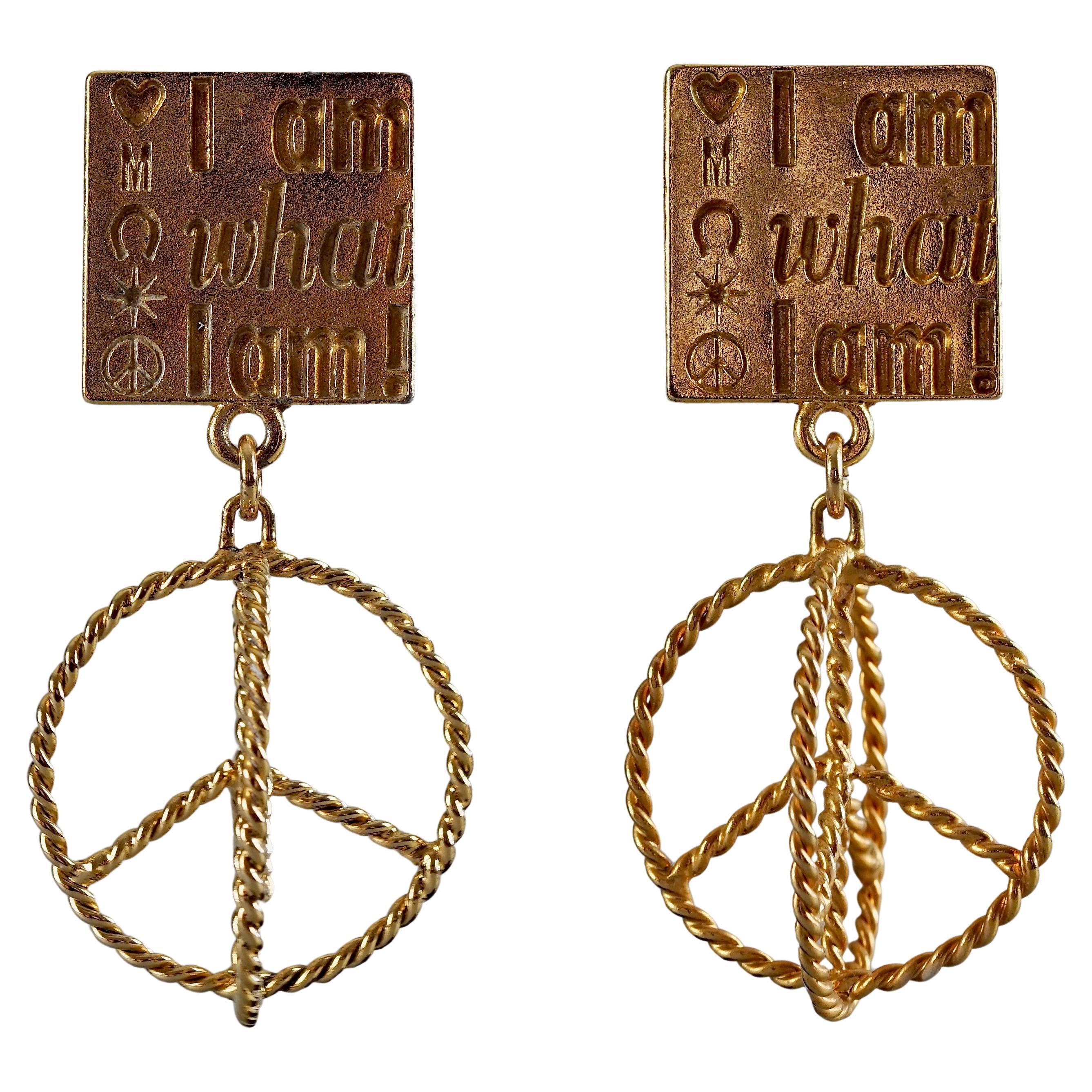 Vintage MOSCHINO "I Am What I Am" Peace Sign Novelty Dangling Earrings For Sale